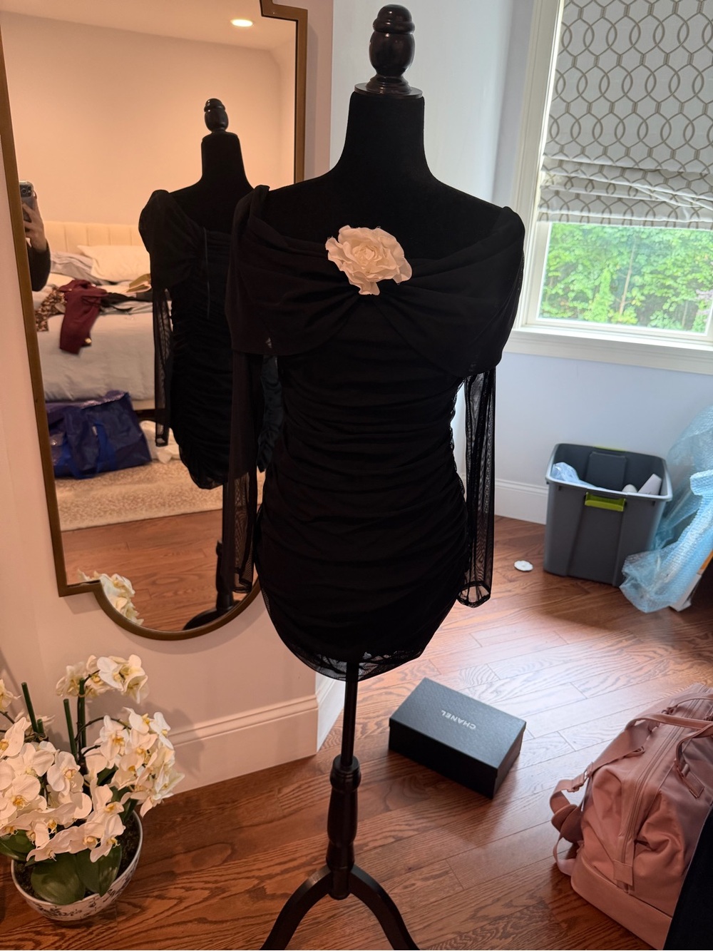 Amanda Uprichard Black Off-Shoulder Ruched Mini Dress with Cream Flower